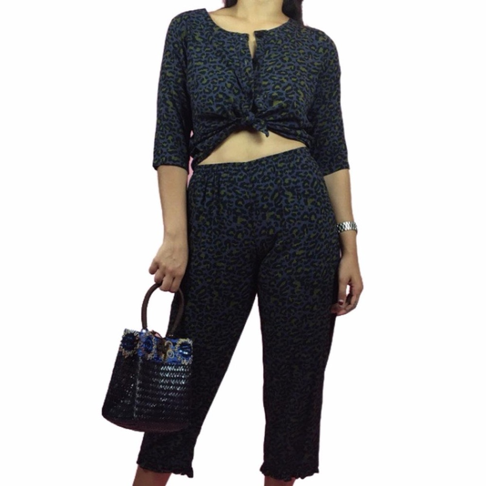 Vintage NWOT Rayon Leopard Co-ord Pant and Shirt Set by Sumi Wear Size S or M